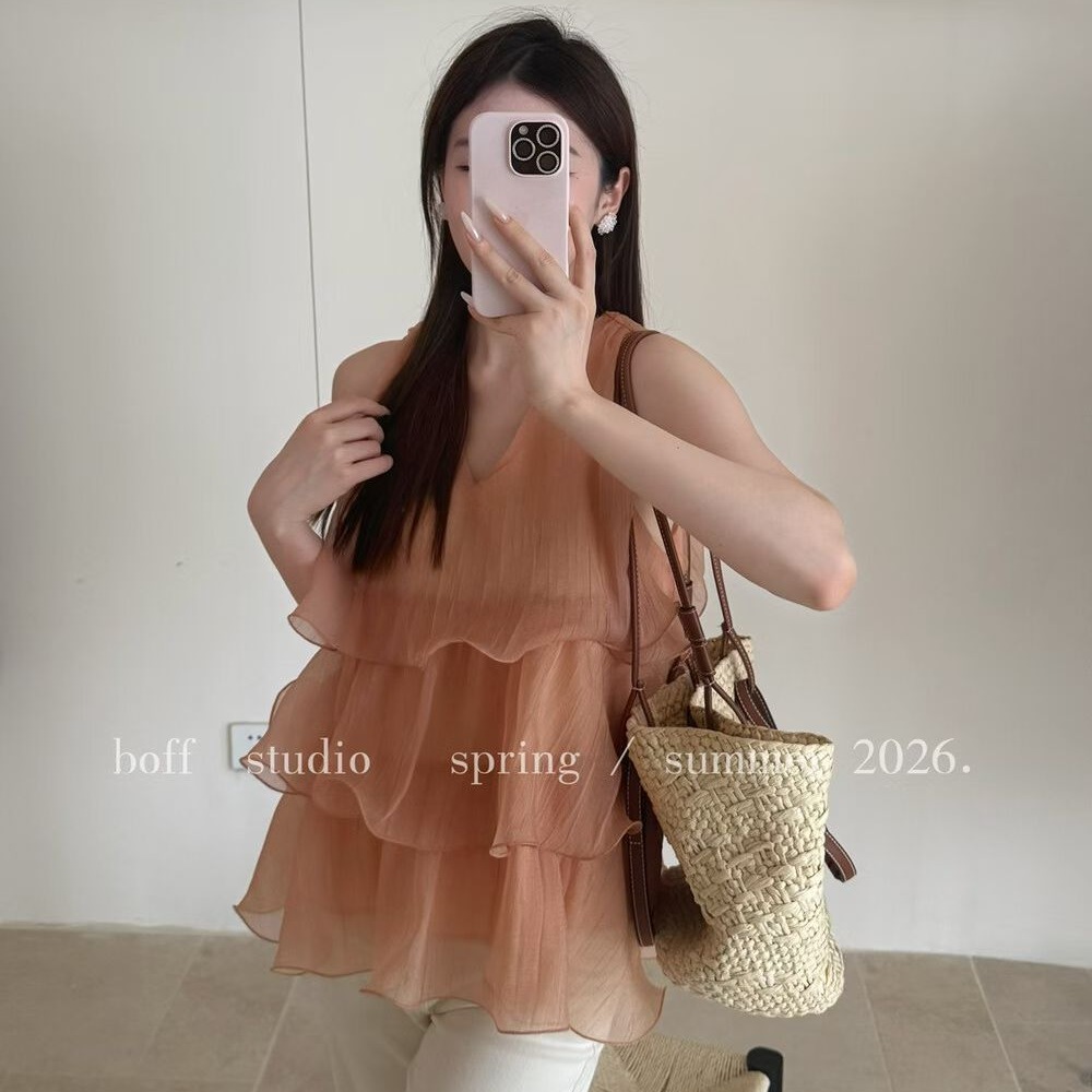 프랑스식 달콤함 분위기 센스 케이크 볼륨 측면 조끼 슬림해 보이는 몸매 가꾸기 다용도 작은 셔츠 맨위 여성