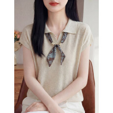 批发韩系飘带polo领通勤凉感针织短袖女夏季宽松气质<b class='q'>翻领</b>休闲<b class='q'>T</b><b class='q'>恤</b>上衣