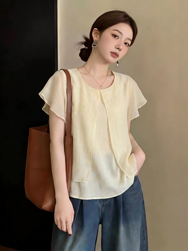 지방 mm 빅 사이즈 여성 의류 2026 여름 새로운 작은 대중 품격 부드러운 프릴 스택 층 디자인 센스 반팔 작은 셔츠