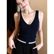 批发夏季气质<b class='q'>通勤</b>撞色边针织衫马甲修身V领无袖拼色冰丝打底上衣女