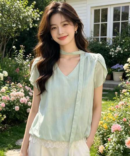 한 부서 만나는 V넥 리본 빅 사이즈 여성 셔츠 여름 Chic 작은 셔츠 디자인 센스 루즈핏 슬림해 보이는 품격 맨위