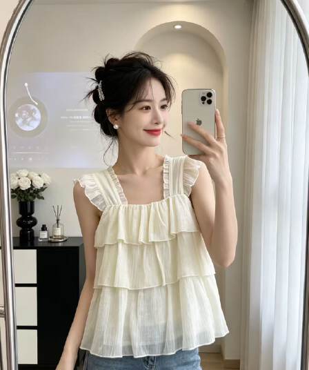 케이크 수준 프릴 레이스 연령 감소 부드러운 조끼 작은 셔츠 여성 여름 슬림해 보이는 풀오버 캐주얼 맨위