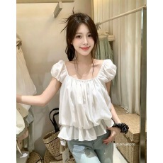 批发十三行甜美风方领泡泡袖娃娃衫俏皮减龄显瘦少女款荷叶边<b class='q'>上衣</b>小衫