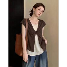 批发设计感假两件纽结正肩短袖T恤女夏新款胖MM宽松显瘦气质减龄上衣