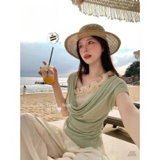 批发木耳边撞色假两件荡领<b class='q'>雪纺衫女</b>夏纯欲风收腰显瘦气质短袖小衫上衣
