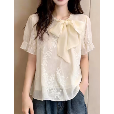 批发法式高级感重工钉珠飘带雪纺衫女装夏季独特漂亮提花刺绣小衫上衣