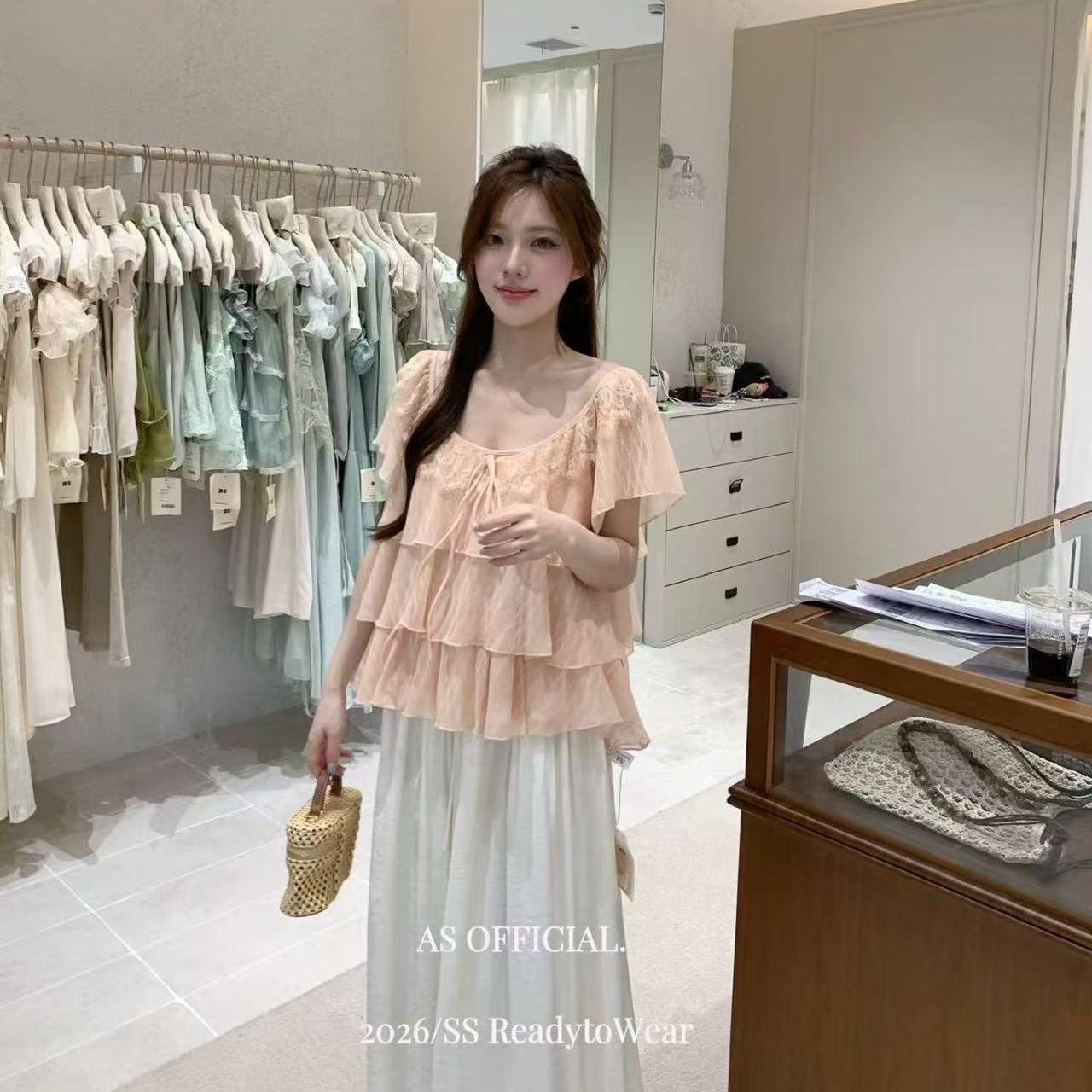 2026 패션 주름 루즈핏 치마 순수한 욕망 당겨서 전체 달콤함 프릴 레이스 조각 작은 날다 소매 맨위 여성