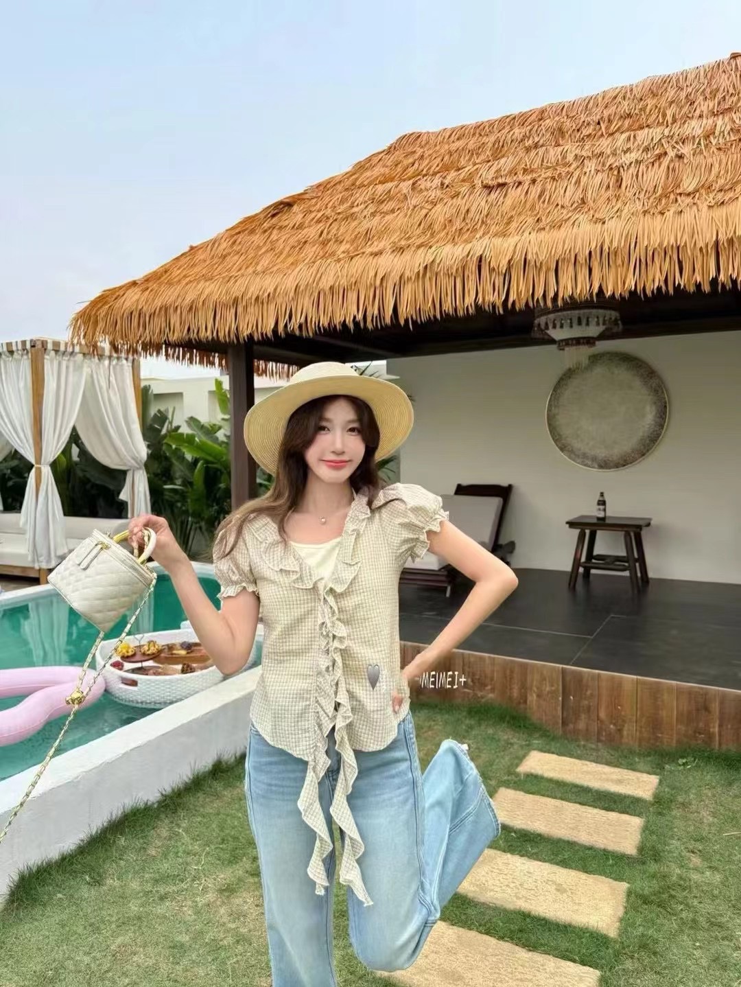 한 부서 레트로 체크무늬 프릴 레이스업 반팔 여성 셔츠 여름 디자인 센스 페이크 레이어드 허리 수축 슬림해 보이는 맨위