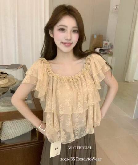 프랑스식 달콤한 스타일 이중층 레이스 작은 셔츠 여성 26 여름 다용도 캐주얼 거품 소매 프릴 슬림해 보이는 맨위