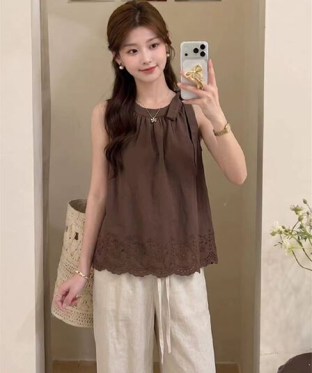 여름 새로운 외출용 쉬폰 작은 조끼 작은 대중 디자인 달콤함 작은 청신 나비 매듭 스트랩 맨위 여성