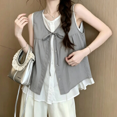 批发有货假两件系带无袖衬衫<b class='q'>夏</b>甜美无袖衬衣设计感V领撞色荷叶边上衣