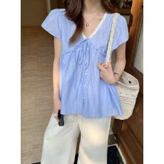 批发有货2026<b class='q'>夏</b>季新款百搭V领木耳边拼接短袖衬衫女上衣<b class='q'>夏</b>