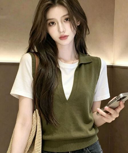 군용 녹색 법률 시스템 패션 페이크 레이어드 반팔 니트 티셔츠 여성 2026 여름 새로운 고급 센스 빅 사이즈 맨위