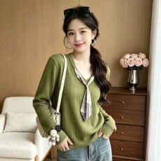 批发丝巾针织套头女外穿毛衣<b class='q'>春</b>秋冬新款领带高级感短款上衣