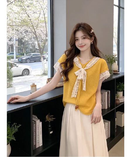 도파민 바람 세트 여성 여름 한 부서 쇼트 스타일 레이스 조각 V넥 반팔 맨위 대나무 마디 마