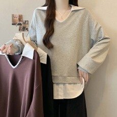 批发2026春秋新款假两件翻领百搭<b class='q'>衬衫</b>卫衣女大码宽松<b class='q'>显瘦</b>休闲上衣