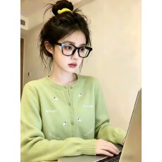 批发小猫刺绣毛针织衫女2026秋季新款长袖圆领清新绿色开衫上衣
