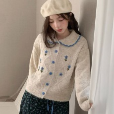 批发韩系温柔风翻领撞色菱格小花勾花针织上衣<b class='q'>秋</b>冬氛围感穿搭毛衣