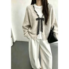 批发2026年<b class='q'>春</b>季新款女装V领蝴蝶结针织开衫宽松慵懒风毛衣