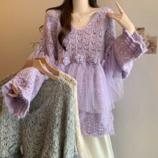 批发宽松慵懒风立体花朵V领针织毛衣女秋<b class='q'>冬</b>大码胖mm法式网纱拼接上衣