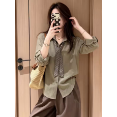 批发韩系时尚早<b class='q'>秋</b>新款系带长袖衬衫女休闲百搭减龄洋气显瘦翻领衬衣潮