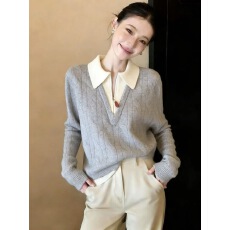 批发美拉德甜美风翻领半拉链假两件毛衣女<b class='q'>春</b>秋冬新款翻领针织衫上衣潮