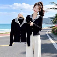 批发假两件撞色针织衫女秋冬季新款设计感气质修身显瘦<b class='q'>打底衫</b>外搭上衣
