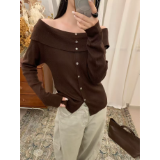 批发韩版大翻领<b class='q'>一字肩</b>条纹针织衫女设计感小众温柔百搭打底衫长袖<b class='q'>上衣</b>