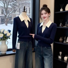 韩系撞色polo领假两件长袖针织衫女秋冬独特漂亮修身显瘦打底上衣