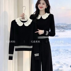 批发<b class='q'>春</b>秋新款荷叶边拼色娃娃领针织衫女打底衫宽松上衣潮