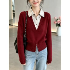 批发设计感条纹拼接polo领长袖针织衫女秋季慵懒风宽松显瘦假两件上衣