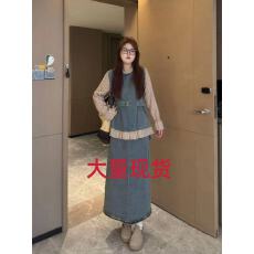批发南岛风大码女装波点假两件<b class='q'>牛仔</b>上衣春秋两件套显瘦半身裙套装胖mm
