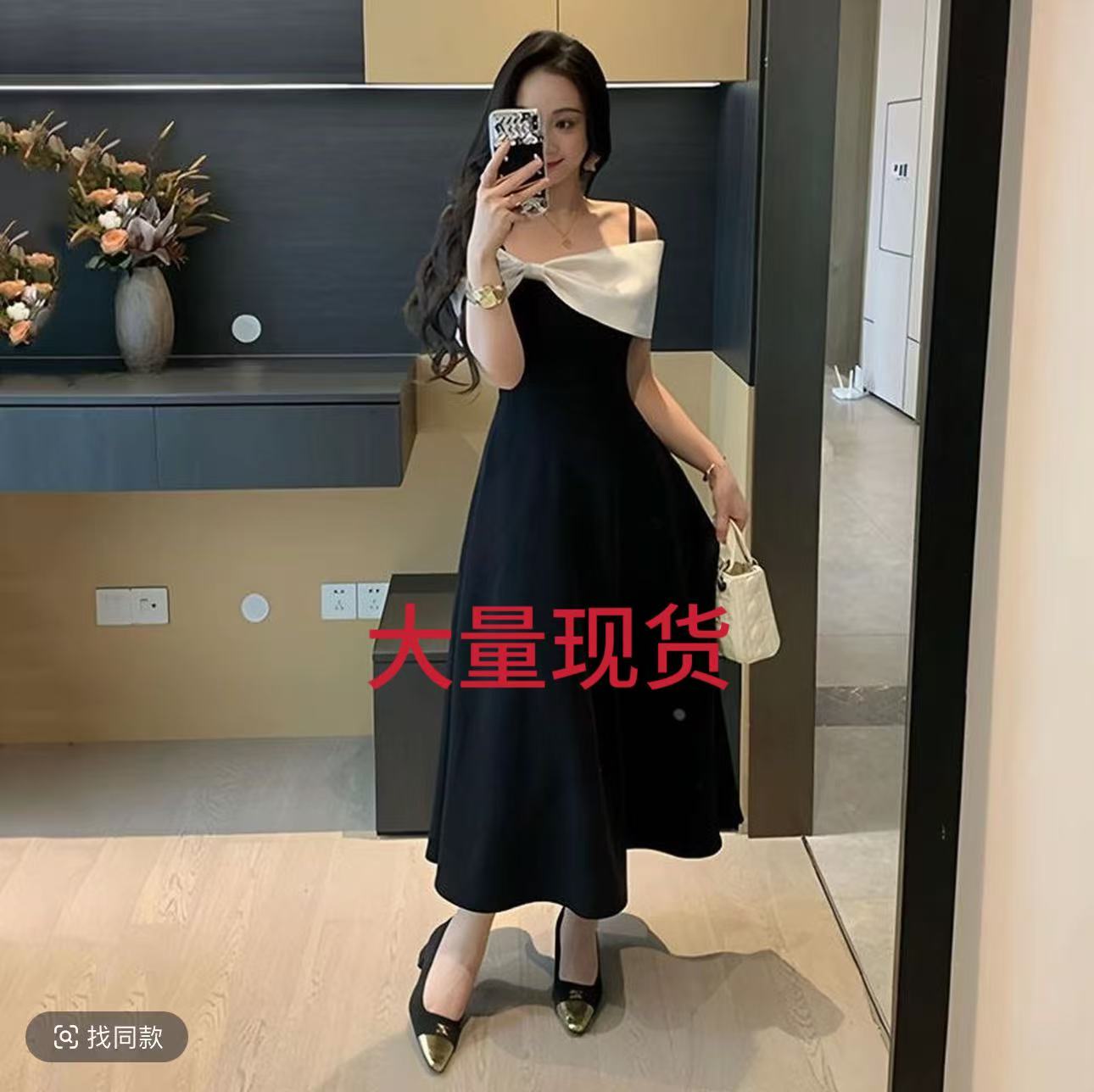 빅 사이즈 프랑스식 품격 오프숄더 허리 수축 여성 드레스 여름 지방 mm 배 모양 몸 슬림해 보이는 오프숄더 작은 검은 드레스