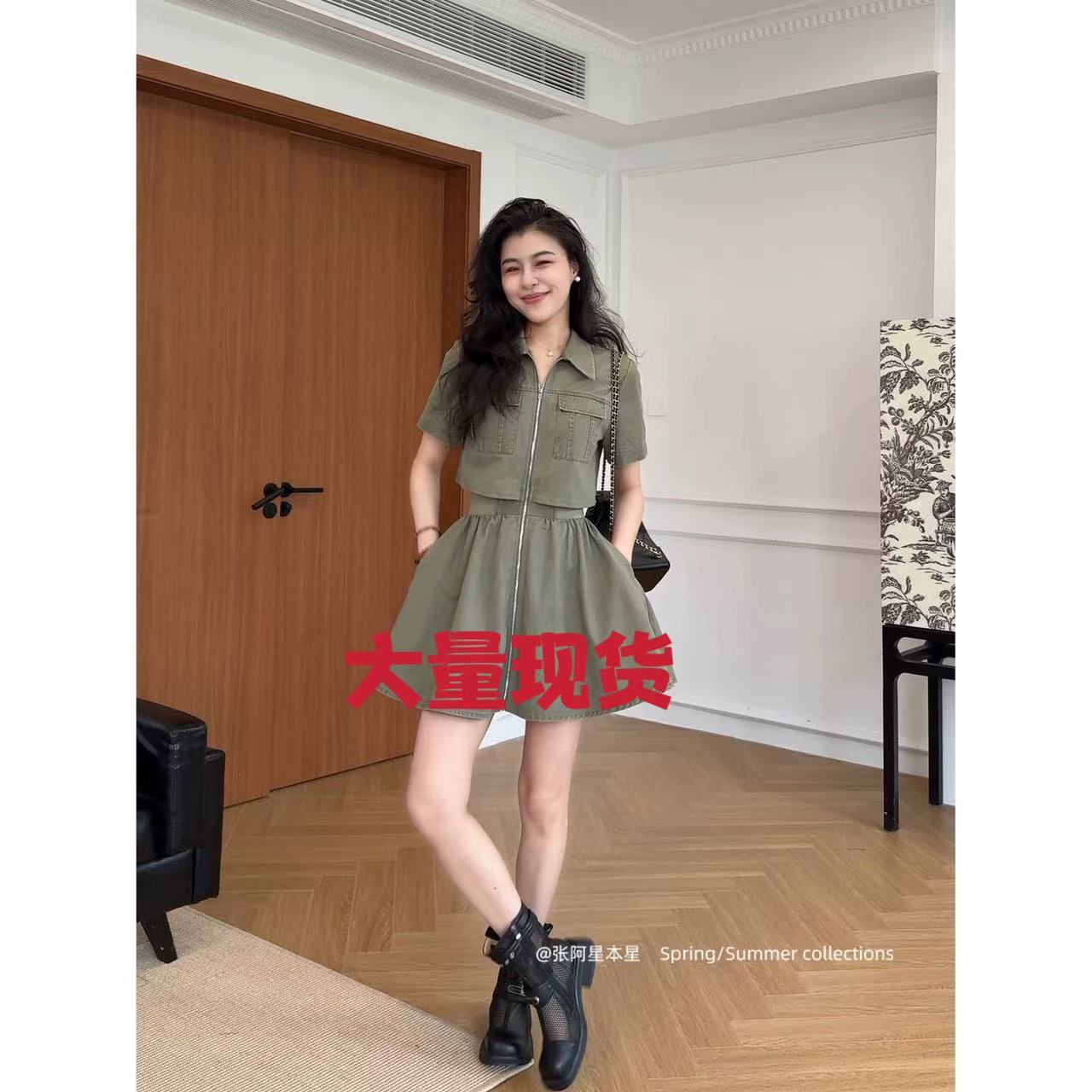 여가 여름 시간 워크웨어 바람 폴로 칼라 허리 수축 슬림해 보이는 품격 지퍼 표지 고기 셔츠 드레스