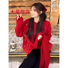 批发<b class='q'>大码</b>女装新年战袍毛衣针织开衫秋季新款胖mm宽松显瘦红色<b class='q'>外套</b>上衣