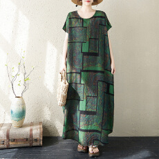 批发实拍26夏季度假风旅游圆领复古长<b class='q'>裙子</b>过膝遮肉棉麻连衣裙大花朵