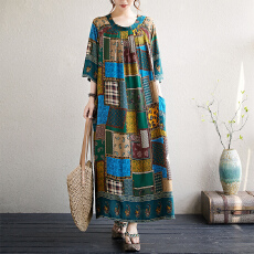 批发实拍2026夏季新品文艺人棉<b class='q'>大码</b>印花胖MM女宽松民族风连衣裙袍子