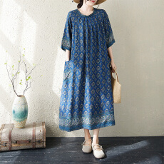 批发实拍26夏季新品文艺人棉大码印花胖MM女宽松显瘦<b class='q'>民族风</b><b class='q'>连衣裙</b>袍子