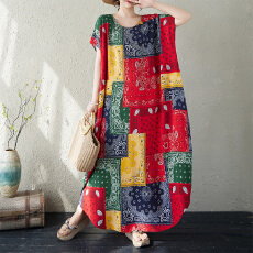 批发实拍26夏新品民族风宽松圆领<b class='q'>棉麻</b>印花连肩袖茧型大码连衣裙女