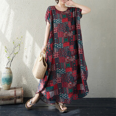 批发实拍26夏新品民族风宽松圆领<b class='q'>棉麻</b>印花连肩袖茧型大码连衣裙女