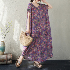 批发实拍26夏新品紫色民族风宽松圆领<b class='q'>棉麻</b>印花连肩袖茧型大码连衣裙女
