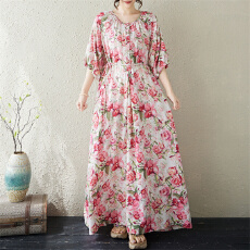 批发26夏季民族风文艺印花宽松大码a字大摆加长款遮肚显瘦系带连衣裙