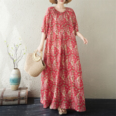 批发26香云纱民族风印花气质宽松大码a字大摆加长款连衣裙遮肚显瘦