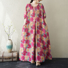批发26夏季复古撞色大花宽松显瘦遮肚加长款连衣裙棉麻印花
