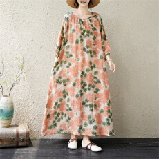 批发26夏季新款薄棉麻小清新橘绿色小花圆领胖MM遮肉显瘦插肩袖长裙