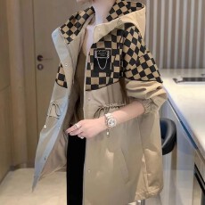 批发<b class='q'>大码</b>棋盘格子连帽风衣<b class='q'>外套</b>女士早秋装中长款宽松系带收腰显瘦上衣