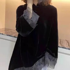 批发欧洲站复古不规则黑色金丝绒旗袍上衣早秋中国风立领盘扣<b class='q'>衬衫</b>女潮