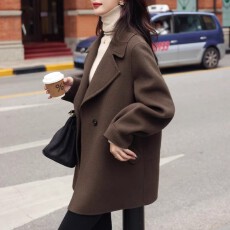 批发咖色西装领毛呢外套女秋冬2025<b class='q'>新款</b>小个子宽松休闲中长款呢子大衣