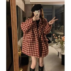 批发大码红色<b class='q'>格子</b>加棉毛呢外套女秋冬新款胖mm宽松显瘦小个子西装大衣