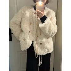 批发小香风羊羔毛外套女2025冬季新款小个子宽松加厚白色毛毛上衣棉服